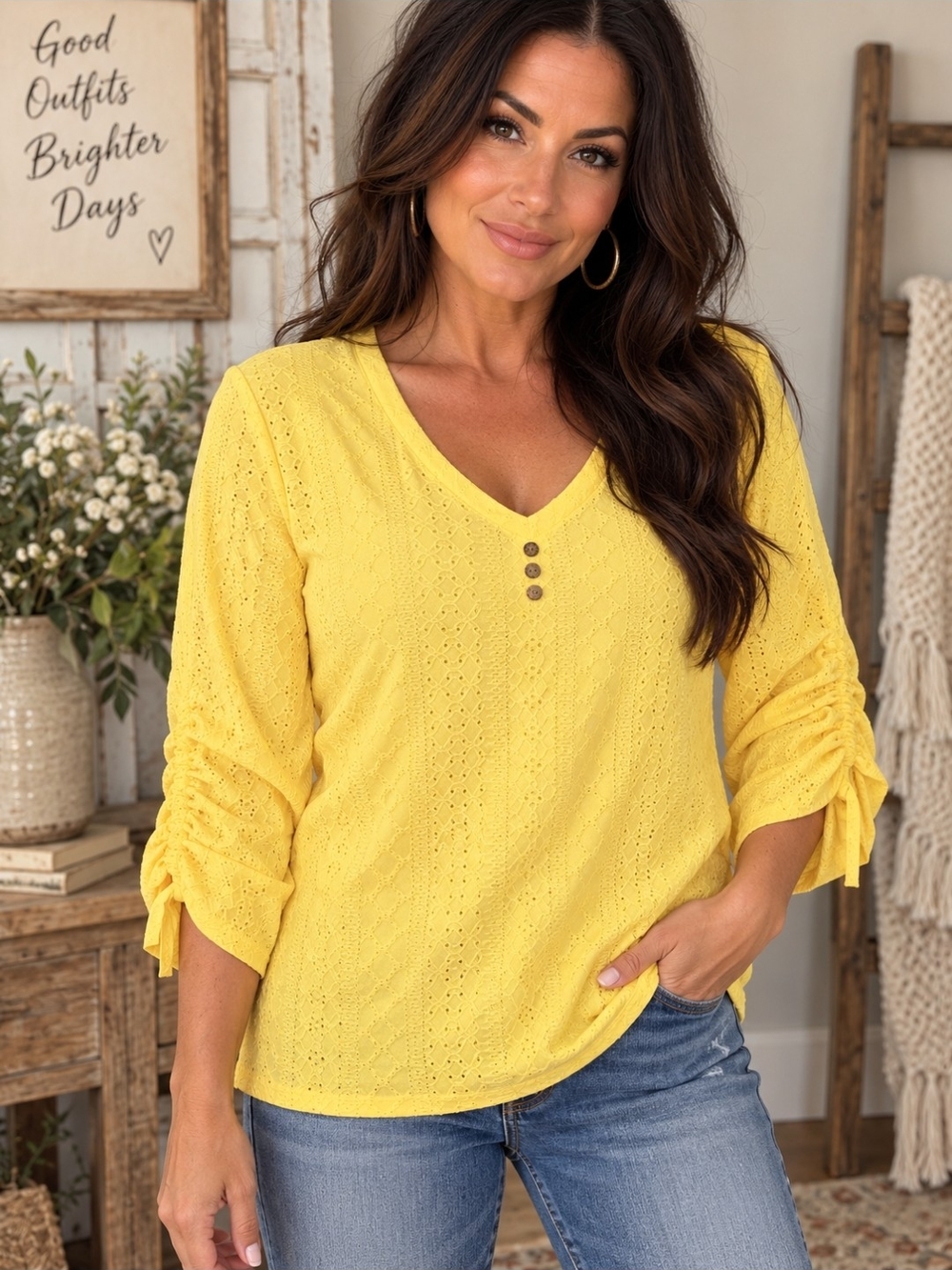 Yellow Eyelet V-Neck Blouse with Button Accents